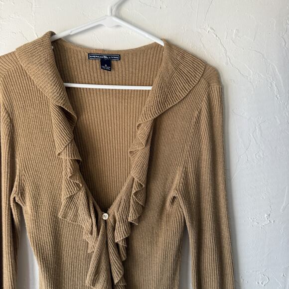 American Living Y2k Sweater Small Ruffle Trim Ribbed Knit Cardigan Top Coquette - Picture 2 of 8